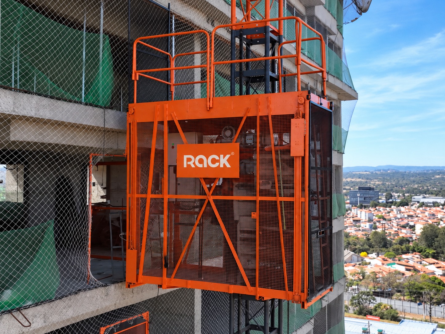 Rack and pinion elevator installed at a construction site